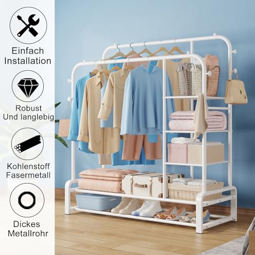 SMILOVII Kleiderständer stabil, Kleiderstange Mit Doppelruten-Design, 8 Haken, 3 Lagen Seitenablagen und 2 Lagen Schuhregalen können, für Schlafzimmer Garderobenständer, Kleiderständer weiß