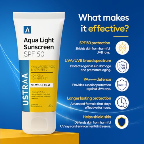 Image of Ustraa Aqua Light Sunscreen SPF 50 PA++++ for Men - 30g | No White Cast | Non-Oily & Non-Greasy Formula with Hyaluronic Acid & Vitamin C | UVA /UVB Protection