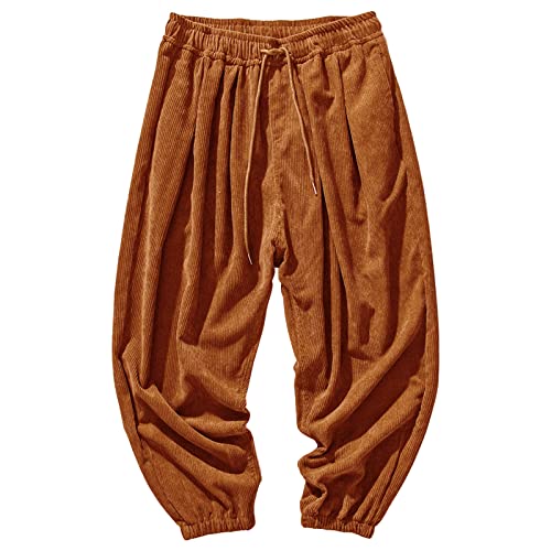 JEShifangjiusu Men Corduroy Pants Drawstring Elastic Waist Harem Pants Baggy Casual Loose Hippie Long Trousers with Pockets - Main Image