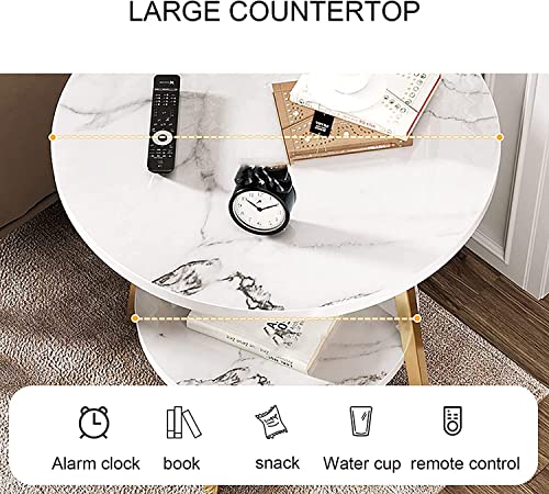 Image of Al Hama Coffee Table 2 Tier Round Tea Marble Pattern Table Modern Side Tables Sofa Table with Metal Frame Light End Tables for Living Room-White-Black