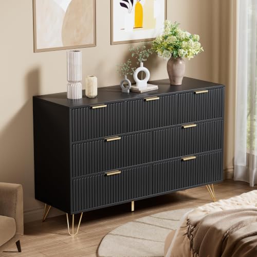 Image of Furniway Black 7 Drawer Fluted Dresser for Bedroom with Gold Handles
