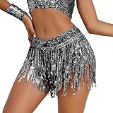 Cielary Black Sequins Fringe Shorts Sparkly Tassels Belly Dance Skirt Halloween Rave Music Festival Bottoms Black,L