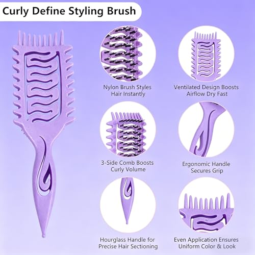 Image of Curly Hair Defining Brush: Shaping & Defining Curls with 3 pcs Slick Back Brushes for Wet & Dry Hair Frizz Reduction - Ergonomic Handle for Women and Men 2026 New (Purple)