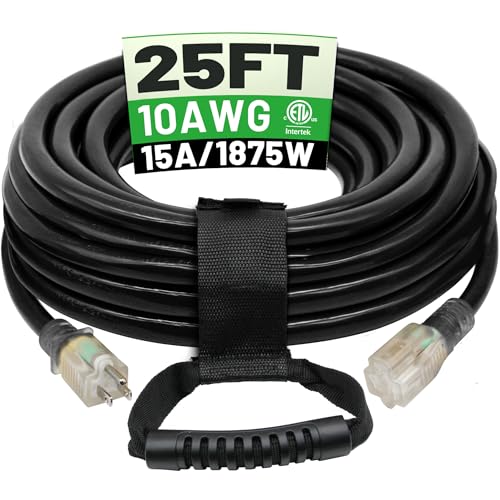 POWGRN 25 Ft 10AWG Black Outdoor Extension Cord Waterproof Heavy Duty 10 Gauge 3 Prong, Flexible Cold-Resistant Power Cord Indoor & Outside with Lighted Indicator End, 15Amp 1875W SJTW ETL Listed