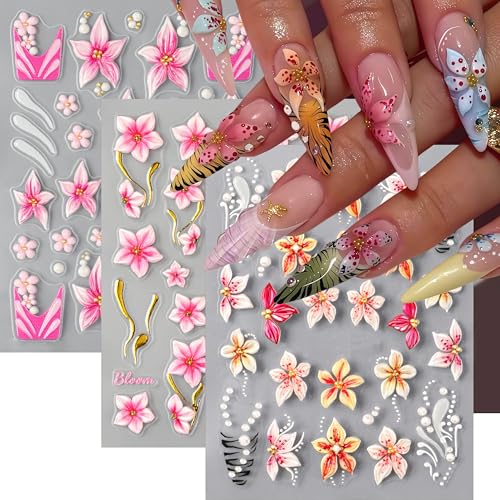 3Sheets Flower Nail Art Stickers Decals 5D Embossed Hibiscus Nail Stickers Lily Hibiscus Tropical Floral Nail Decals Hawaiian Floral Nail Design Manicure Accessories Vacation Nail Decoration for Women