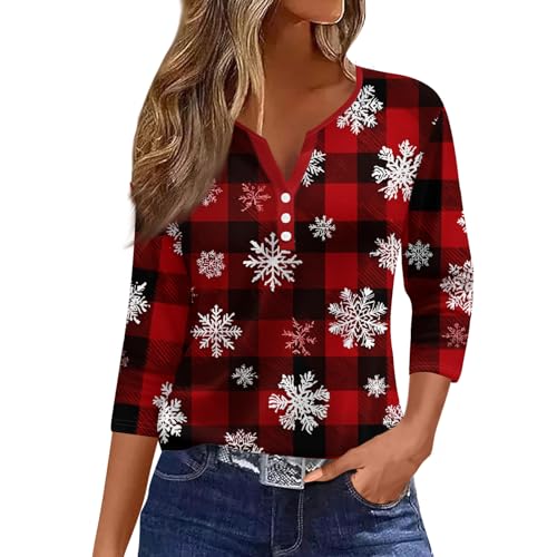 Image of Women Christmas Shirt 3 /4 Length Sleeve Henley Tops Xmas Outfits