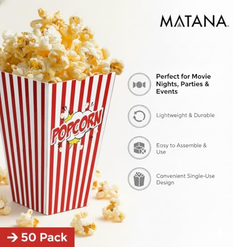 Miniatura 4 de Matana 50 Cajas Grandes De Palomitas, 9x17cm - Diseño Retro Rayas Rojas Y Blancas - Cine, Noches De Cine, Pijamadas, Fiestas Infantiles, Cumpleaños