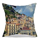 Decorative Throw Pillow Cover Colorful Architecture Old Italian Town On Mountain Amalfi Parks Beautiful Campania City Cliff View Soft Linen Cushion Covers 16 x 16 Inches for Couch Car Bedroom