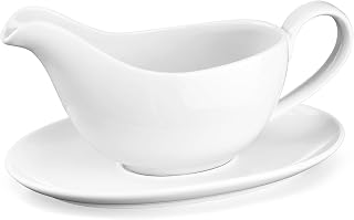 Yedio 18oz White Porcelain Gravy Boat with Saucer - Drip-Proof Spout, Microwave Dishwasher Safe for Gravy Sauces