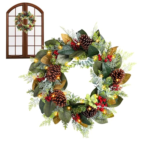 Corona de Navidad con iluminación | Decoración estacional 3D - Guirnalda artificial compacta - Para decoración del hogar, estilo rústico, exterior, fiestas de Navidad, pared, ventana, día festivo