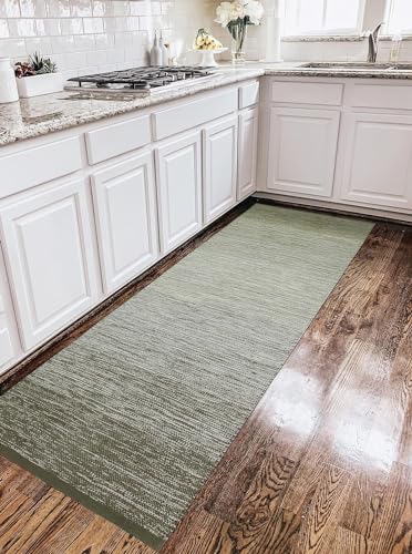 GLOFY Hand Woven 100% Natural Cotton Rug Carpet Bed Side Runner for Bedroom, Living Room, Yoga Mat | 2x5 Feet, 60cm x 152cm (Green Mix)