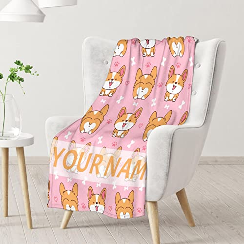 Personalized Corgi Blanket Gifts with Name - 50"x60" Cute Throw for Adults, Kids - Pink Soft Fuzzy Blankets for Bed, Couch & Living Room