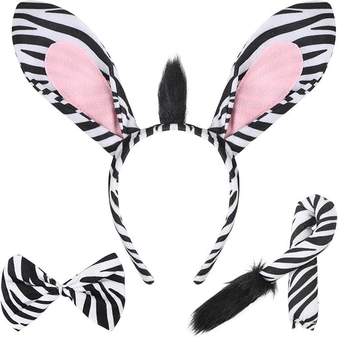 MZinge Furry Animal Costume Set - Zebra/Leopard/Giraffe - Headband, Tail & Bow Tie - Halloween & Party (zebra)