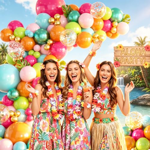 Image of 146PCS Tropical Balloon Arch Garland Kit, Olive Green Hot Pink Orange Rose Gold Confetti Balloons For Hawaiian Luau Aloha Flamingo Party Decorations Birthday Summer Beach Supplies