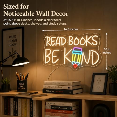 Image of inchRead Books Be Kind inch Classroom LED Neon Sign | 16.5 inch x 10.4 inch, Pencil Wall Decor, Inspirational Quote Light, Library Classroom Study Room Home Office