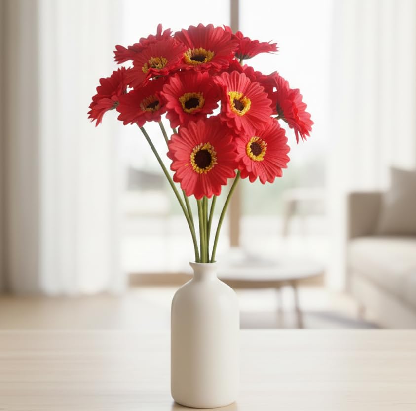 Image of Artificial Gerbera Flower Sticks (Pack of 5) for Home Decor | Realistic Faux Flowers for Vases | Wedding, Office, Living Room & Party Decoration | Long-Lasting, Washable & Reusable (Red)
