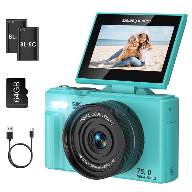 SOPPY 5K Digitalkamera Fotokamera 75MP Vlogging Kamera 3,0 Zoll 180°Flip-Screen Kompaktkamera mit 64GB Speicherkarte, 18X Digitalzoom, Mini Digitalkamera für Jungen Mädchen Anfänger, Blau