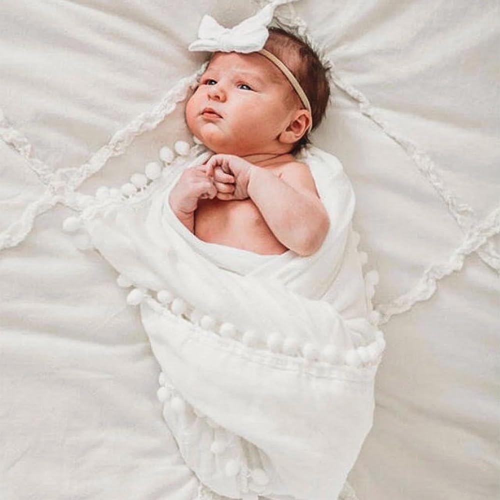 Elementary Super Soft Muslin Swaddle with Pom Pom for New Born (White)-picture-54