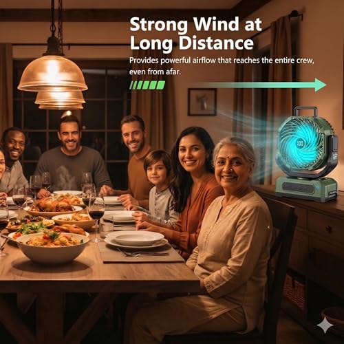 Image of DOCOSS Camping Fan with Remote & LED Light, 10000mAh Battery runs upto 10 Hours Minimum, Type C, Portable Rechargeable Outdoor Tent Fan,Automatic Oscillation, Kitchen Fans for Cooking Green