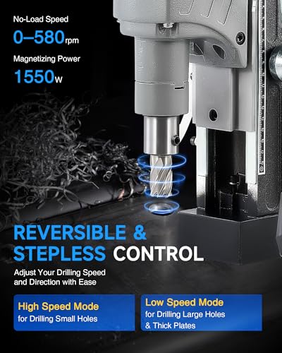 Image of ZELCAN Mag Drill Press with 11 Pcs Bits, 1550W Portable Magnetic Drill Press with 2 inch Boring Diameter, 0-580 rpm Stepless Speed & Reversible Direction, 2922 lbf Power Magnetic for Metal Surface