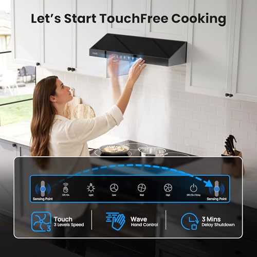 Image of VIKIO HOME Under Cabinet Range Hood 30 Inch, 900 CFM Dual Centrifugal Motor, 3-Speed Ducted Kitchen Vent, Reusable Filters, Stainless Steel Kitchen Hood with LED Lights, Low Noise, Glass Black