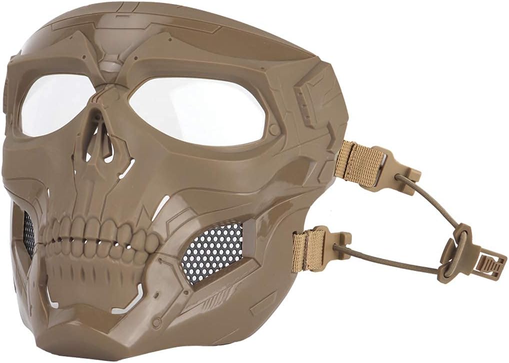 AOUTACC Airsoft Mask Skeleton Mask with Goggles Full Face Protective Adjustable Tactical Mask for Halloween Paintball Game Movie Props Party Cosplay Outdoor Activities (Brown)