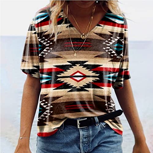 Short Sleeve Shirts For Women Casual V Neck Western Shirts Ethnic Graphic Loose Fit Summer Pullover A#Br Xl #TOP1