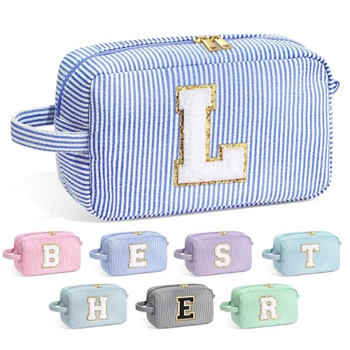 YOOLIFE Birthday Gifts for 6 7 8 9 10 11 12 13 14 15 Year Old Teen Girl - Initial Makeup Bag Letter Toiletry Pouch Cosmetic Case, Personalized Teen Girl Gifts Trendy Stuff Party Favor, Blue L