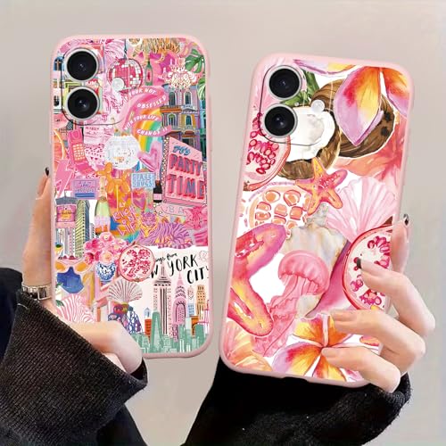 lioscre 2 Packs Summer Fruit Animal Illustration Collage Pattern Phone Case for iPhone 17 6.3'', Cute Aesthetic Funda with Liquid Silicone Shockproof Protection Soft Cover for Women Girls