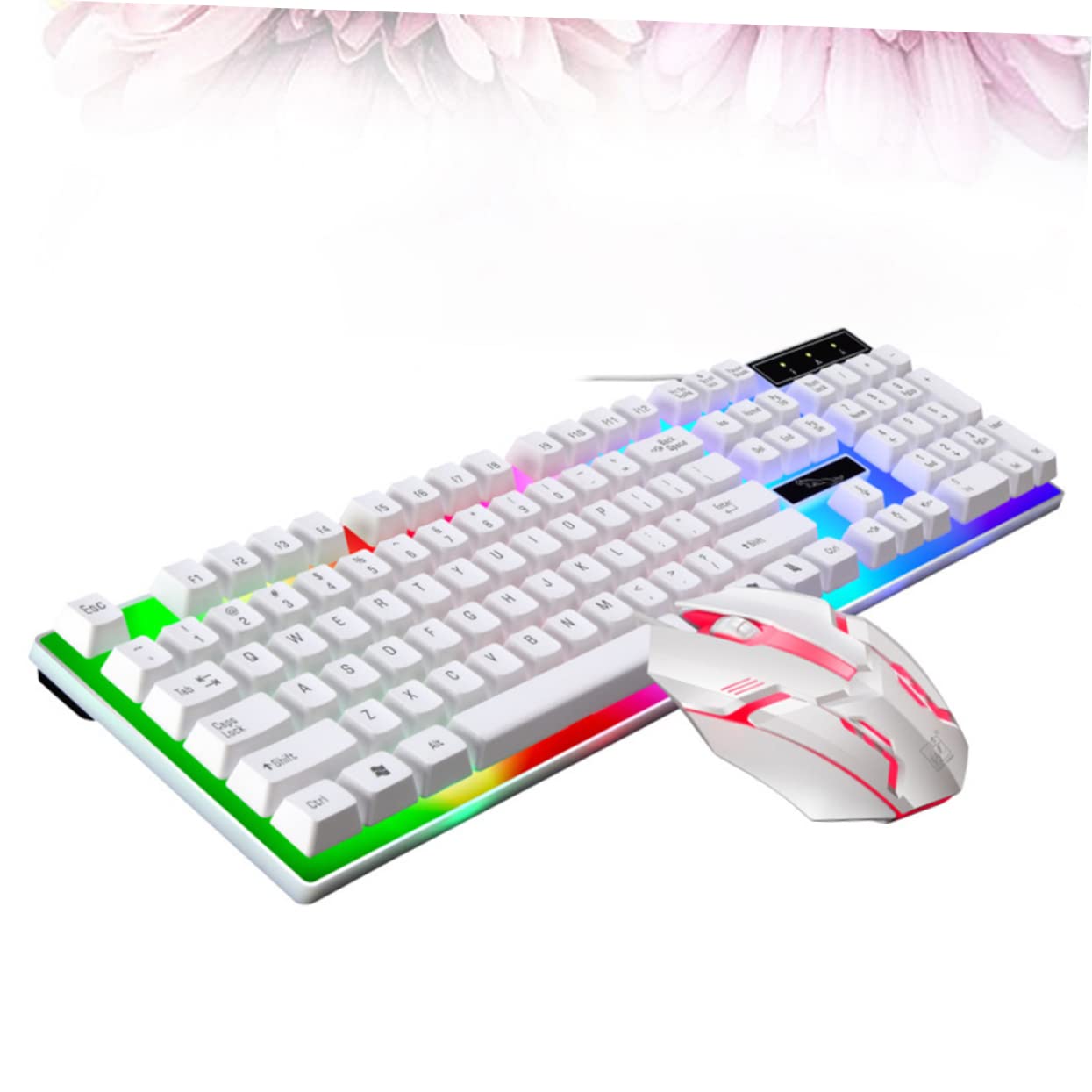 GALPADA Set Tastiera e Mouse Cablati USB Retroilluminazione LED Colorata, Tastiera Ergonomica 104 Tasti in Abs e Mouse Bianco per Computer Desktop