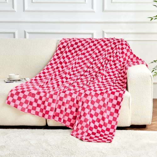FY FIBER HOUSE Hot Pink Checkered Throw Blanket Valentines Day Blanket Gifts for Women Lover Mom Couch Soft Cozy Checker Blankets, 50"x60"