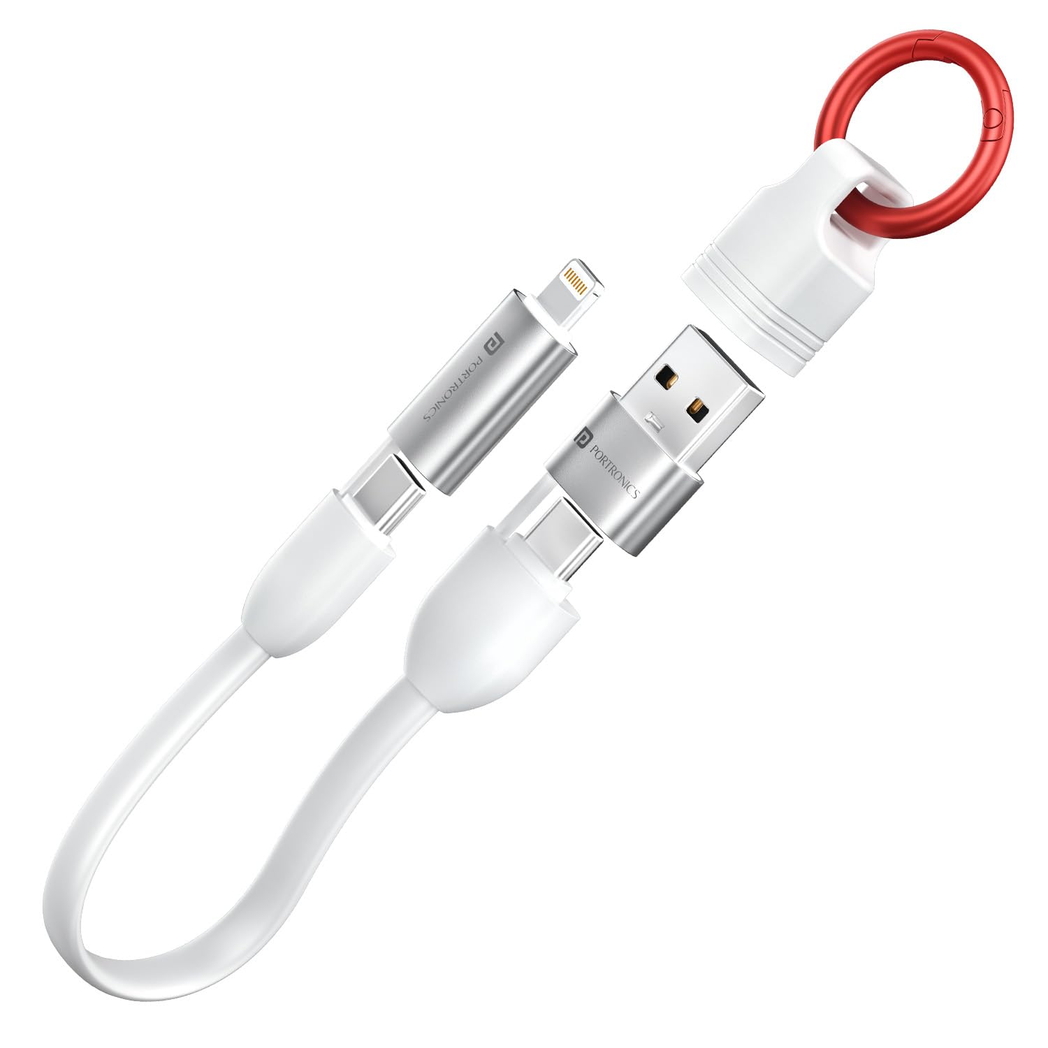 Portronics Keylink 4 in 1 Multifunctional Fast Charging Cable With In Built KeyChain, 25cm Length, Tangle Free Flat Cable, Type C to Type C/Lightening, USB A, Fast Data Sync (White)