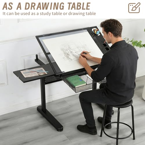 Adjustable Drafting Table with Hand-Crank Lift, 0-75° Tilting Tempered Glass Art Desk with Metal Drawers & Slide-Out MDF Side Table, Height Adjustable 29.5\"-41.3\" Drawing Desk with Storage & Stool