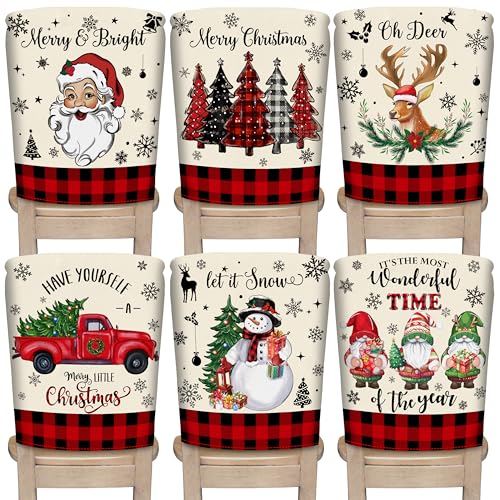 Image of TREWAVE Christmas Chair Covers Set of 6 Buffalo Plaid Santa Claus Chair Back Covers Snowman Holiday Dining Chair Slipcovers Protector Kitchen Dining Room Decor Festival Party Decoration