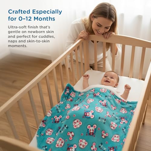 Image of Mee Mee Soft Single Layer Lightweight Flannel Baby Blanket with Mouse Printed - Comfort and Warmth for Newborns (75 cm x 100 cm) 0-12 Months (Green)