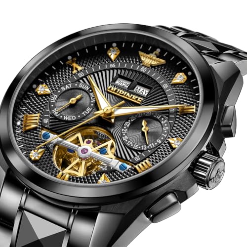 Image of OLEVS Men Automatic Watch Skeleton Luxury Gold Original Dress with Silver Bracelet Set Self Winding Automatic Sapphire Crystal Waterproof Tungsten Steel Band Wrist Watches