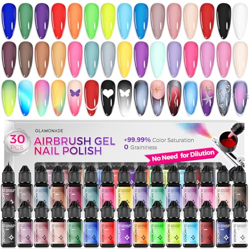 Glamonade Airbrush Gel Nail Polish: 30 Colors Set Airbrush Nail Paint Kit for Nails No Dilution No Clogging Smooth Spray High Pigment Ombre French Nail Art Beginner DIY