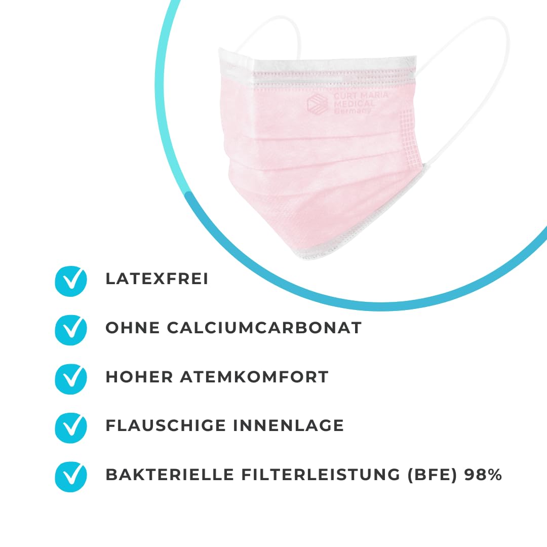 Curt Maria Medical 3-Ply Maschere Viso Mediche con Anelli per Orecchio Uso Singolo Rosa Confezione da 50