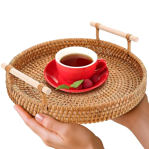 Rattan Tray 8.7-Inch Round &ndash; Woven Serving Basket with Handles &ndash; Holidays Romantic...