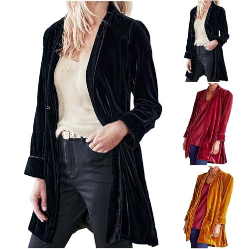 HGps8w Women's Velvet Blazer Jackets Casual Long Sleeve Lapel Collar Long Business Work Cardigan Outerwear2