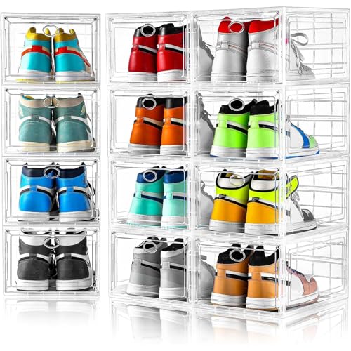 Image of 12 Pack Clear Shoe Storage, Stackable Shoe Organizer, Shoe Boxes for Closet | Plastic Shoe Containers with Magnetic Door, Sturdy Sneaker Storage Organizer, Shoe Cabinet Fit up to US Size 12