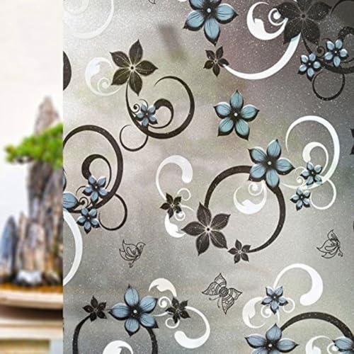 Image of CVANU Vinyl Blue Flower Printed Botanical Window Frosting Privacy Film Sheets for Front Door /Bathroom /Sidelight /Small Windows (24''x84'')