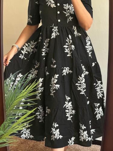 Image of Women's Pure Cotton Maxi Midi Dress Western Dress for Women Elegant Floral Printed Long Dresses | Soft & Breathable Fabric | Casual Trending Dress