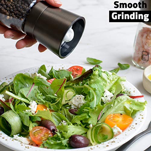 Premium Black Stainless Steel Salt and Pepper Grinder Set With Stand in Bamboo Wood - Gunmetal Salt and Pepper Shakers with Adjustable Coarseness - Bronze Pepper Mill and Salt Grinders Shaker set - Thumbnail 7