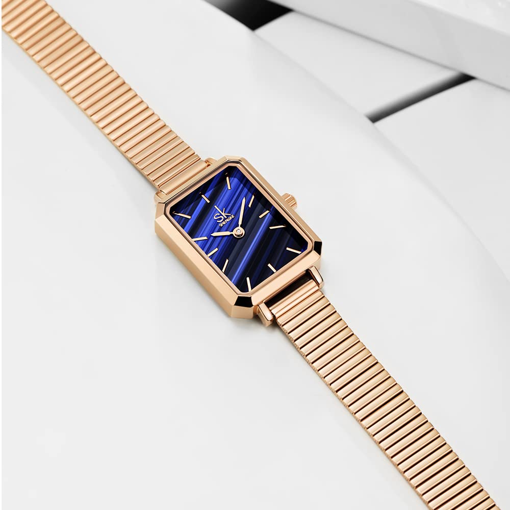 SHENGKE SK Plaza Reloje Mujere Correa de Malla de Acero Inoxidable Banda de Cuero Rectangular Relojes de Pulsera para Mujeres