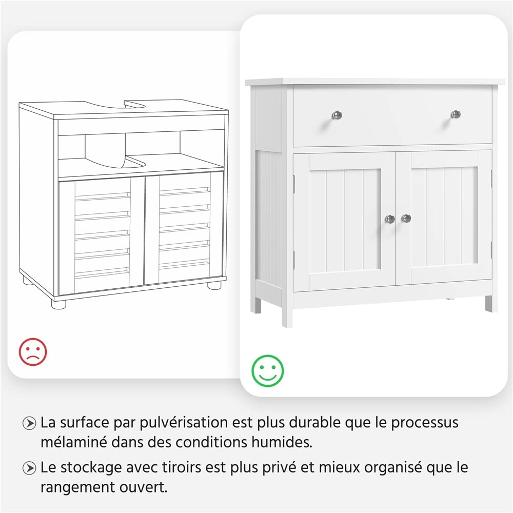 Yaheetech Meuble sous Lavabo Salle de Bain Armoire de Rangement pour Vasque avec Tiroir et 2 Portes en MDF Anti-humidité Meuble de Rangement 60 × 30 × 60 cm Blanc