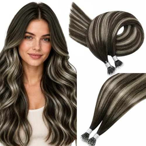 Image of Easyouth 24 Inch 50g Nano Bead Hair Extensions Human Hair Balayage, Nano Ring Human Hair Extensions, Ombre Dark Brown to Platinum Blonde with Brown, Long Straight Hair, for All-Day Wear