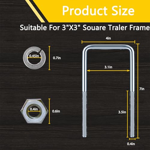 Image of 3 inch W x 7.1 inch L Zinc-Plated U-Bolts with Nuts and Spring Washers for Boat Trailer Tubes, Rectangular Wood and Metal Objects, Square Zinc-Plated Bolts (M10 x 80mm x 180mm