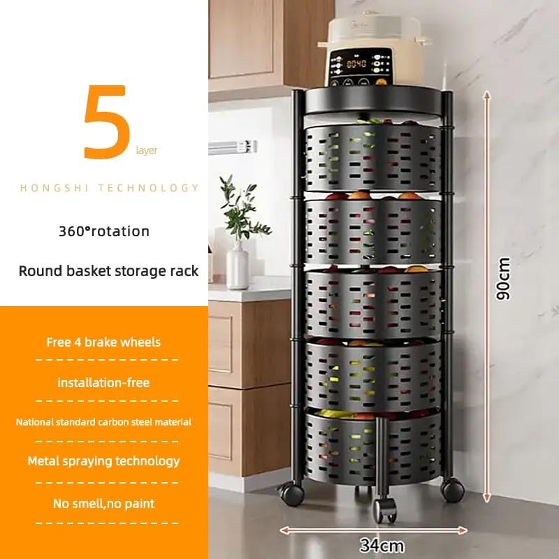 5-Tier Round Kitchen Storage Rack–Carbon Steel Space-Saving Organizer for Pantry, Fruits & Vegetables | 360° Rotating Shelves, Durable & Rust-Resistant | Multi-Purpose Shelf for Kitchen & Home - Image 5