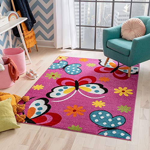 Well Woven Modern Rug Daisy Butterflies Pink 3'3'' x 5'